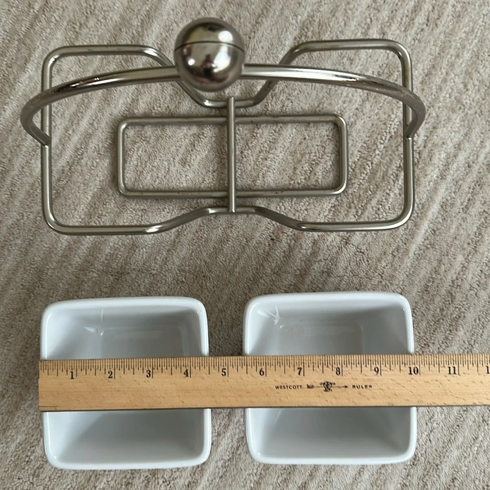 PAMPERED CHEF Simple Additions Brushed Silver Caddy w/ 2 Square White Bowls